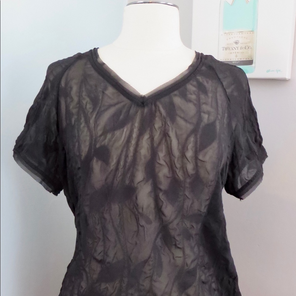 Vera Wang Sheer Black V-Neck Short Sleeve Top